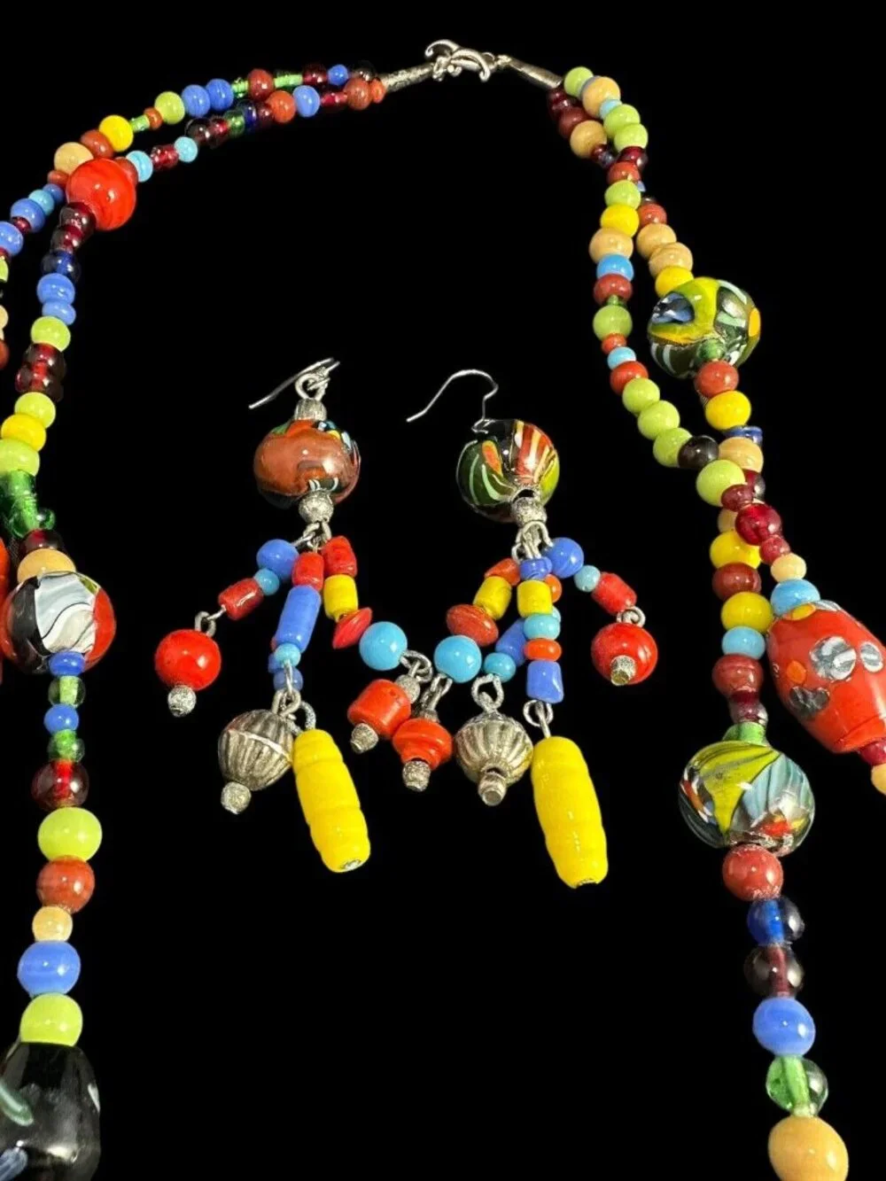Jewelry Set Millefiori Two Strand Murano Art Glass Beaded Necklace And Earrings